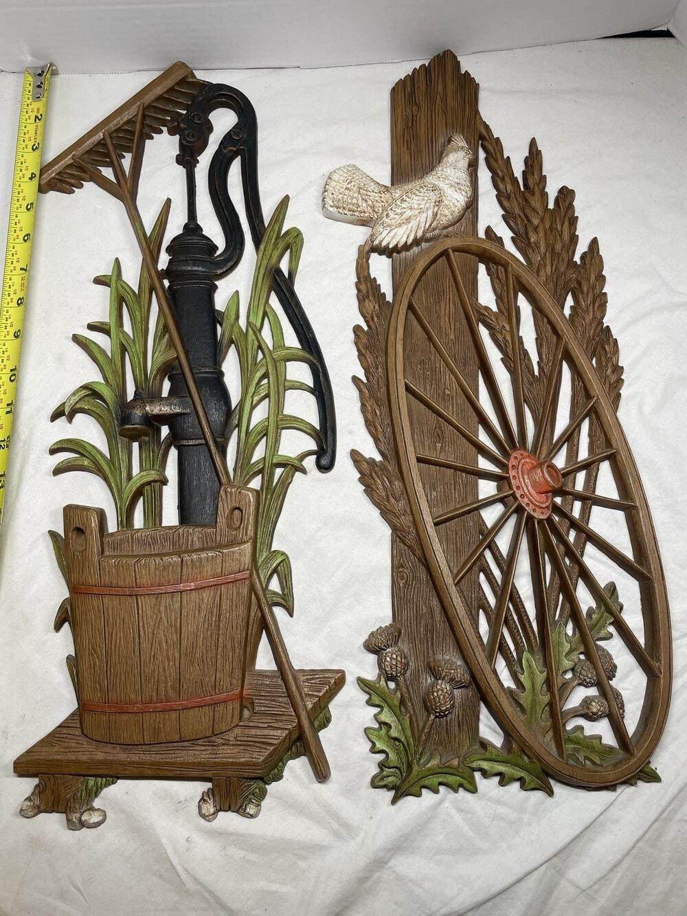 Vtg 2 Burwood Wall Sculptures 3D Farming Prairie Bird Wagon Wheel Water Pale 22"